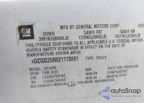 2002 Chevrolet Express from USA, damaged, VIN 1GCGG25R821178801